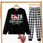 "2025 Family Christmas" Letter Print Black Long Sleeve Top with Black And White Plaid Pants Couple Matching Pajamas