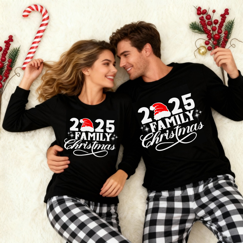 "2025 Family Christmas" Letter Print Black Long Sleeve Top with Black And White Plaid Pants Couple Matching Pajamas