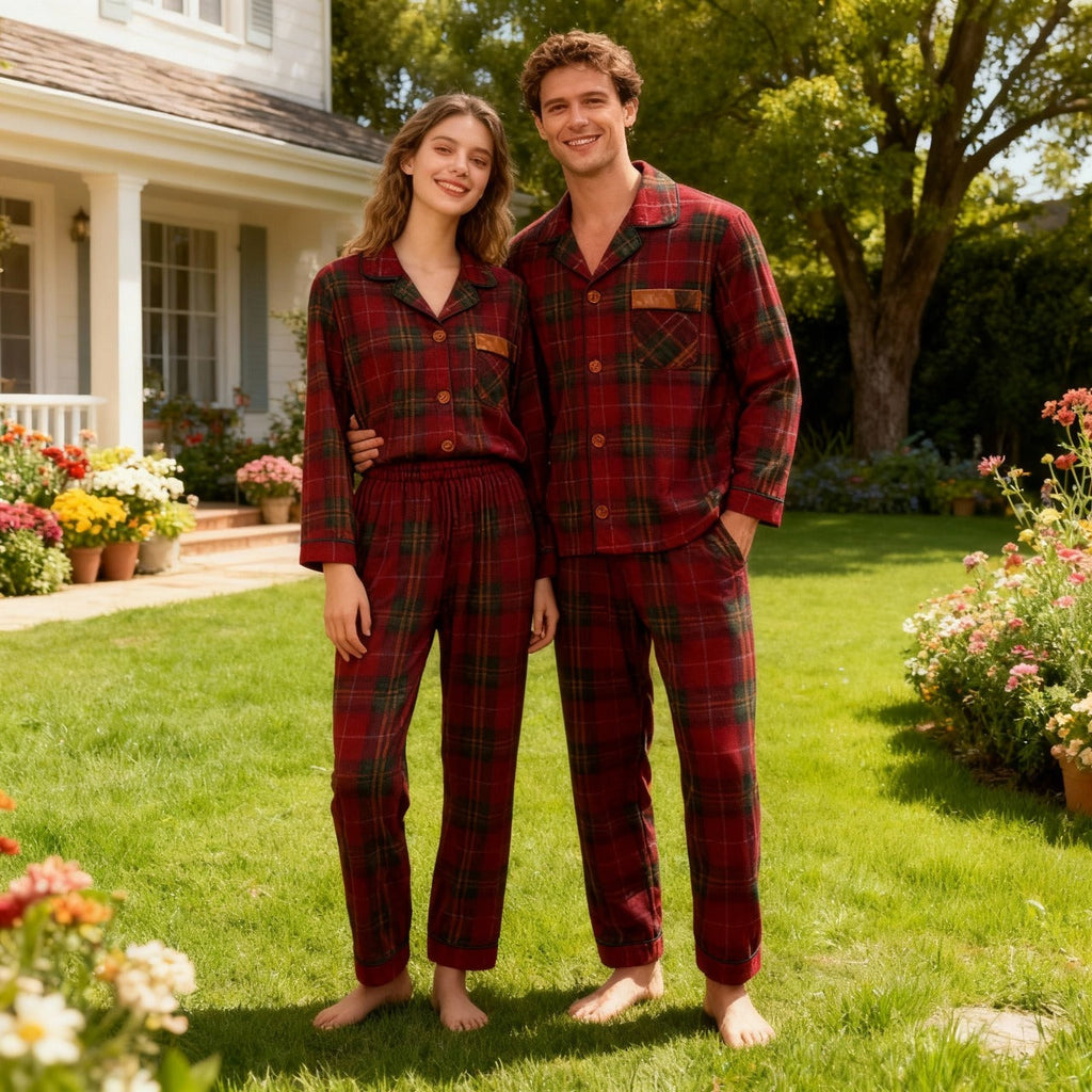 Couple Matching Red Plaid Button Up Pajamas Sets