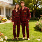 Couple Matching Red Plaid Button Up Pajamas Sets