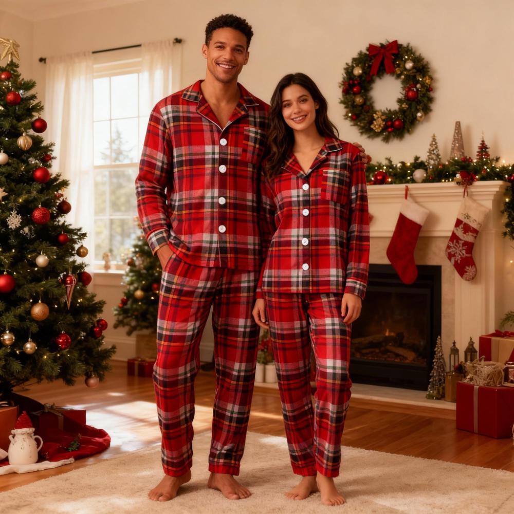 Christmas Couple Button-Up Red Plaid Pajamas Set
