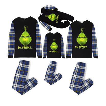 Grinch Ew, People... Matching Family Christmas Pajamas-Black Tops & Blue Plaid Pants