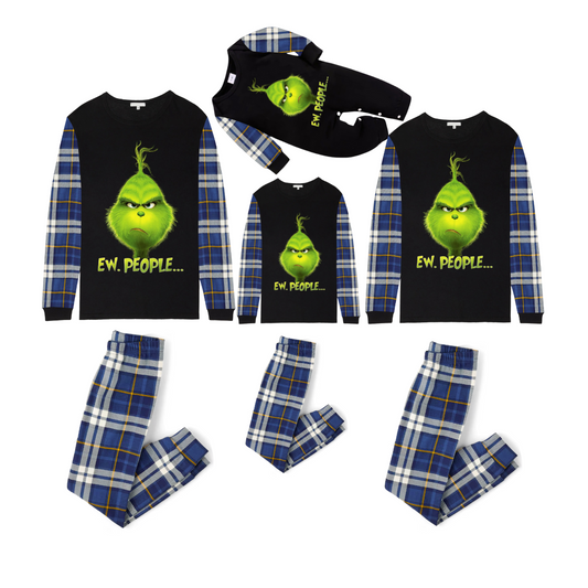 Grinch Ew, People... Matching Family Christmas Pajamas-Black Tops & Blue Plaid Pants