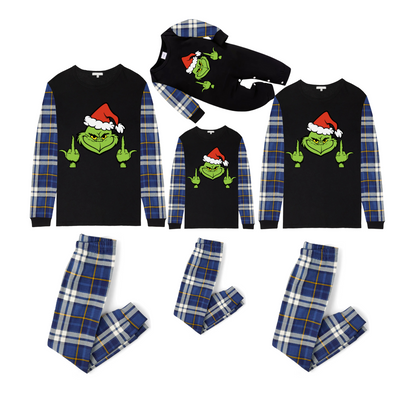 Grinch Santa Middle Finger Family Christmas Pajamas Black Top with Blue Plaid Pants