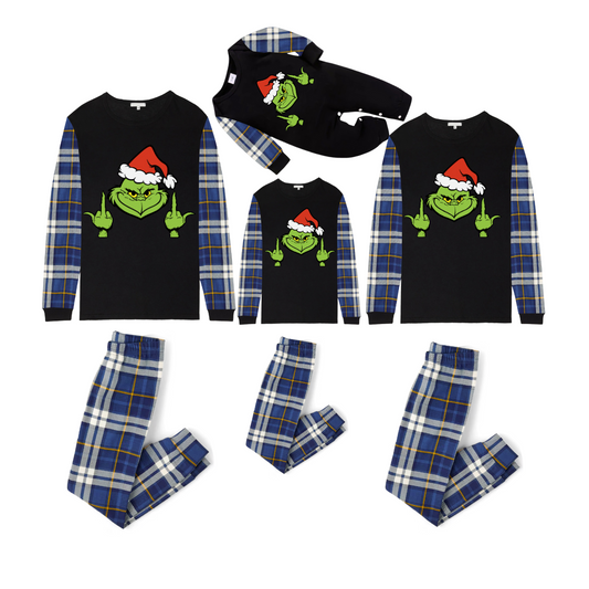 Grinch Santa Middle Finger Family Christmas Pajamas Black Top with Blue Plaid Pants