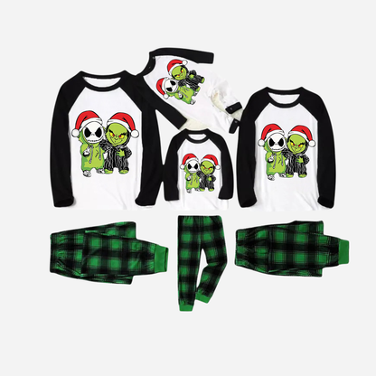 Black Raglan Top Green Plaid Christmas Pajamas Set With Grinch and Cartoon Pattern Print