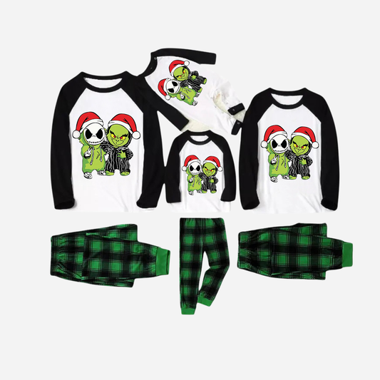 Black Raglan Top Green Plaid Christmas Pajamas Set With Grinch and Cartoon Pattern Print