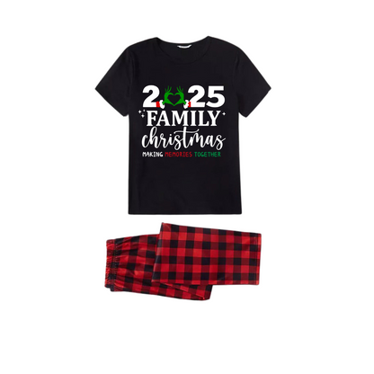 "2025 Family Christmas" Quirky Heart Letter Print Black Short Sleeve with Red & Black Plaid Pant Family Matching Pajamas