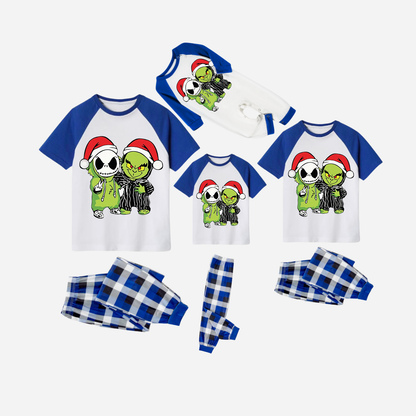 Blue Plaid Short Sleeve Christmas Pajamas Set With Grinch and Cartoon Pattern Print