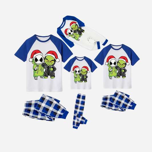 Blue Plaid Short Sleeve Christmas Pajamas Set With Grinch and Cartoon Pattern Print