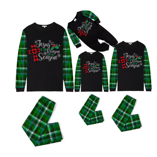 Matching Family Christmas Pajamas  Jesus Is the Reason, Green Plaid