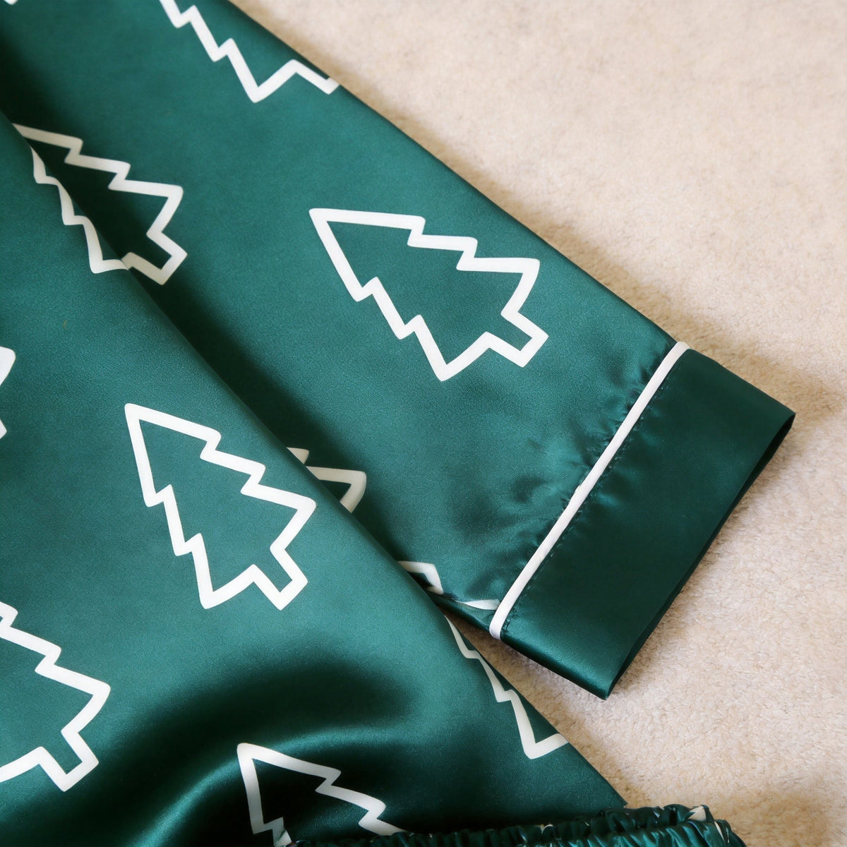 Emerald Green Satin Christmas Tree Outline Family Matching Pajamas Set Long Sleeve Button-Down Festive Sleepwear