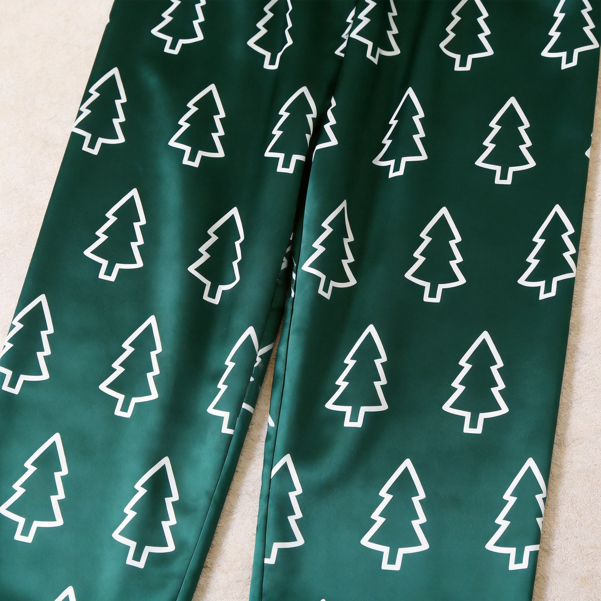 Emerald Green Satin Christmas Tree Outline Family Matching Pajamas Set Long Sleeve Button-Down Festive Sleepwear