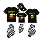 Grinch Squad Family Christmas Pajamas Set - Black Top Black and White Plaid Pants Green Grinch Graphic