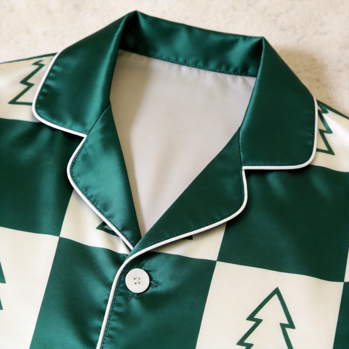 Green Satin Checkerboard Christmas Tree Family Matching Pajamas Set Long Sleeve Button-Down Festive Sleepwear
