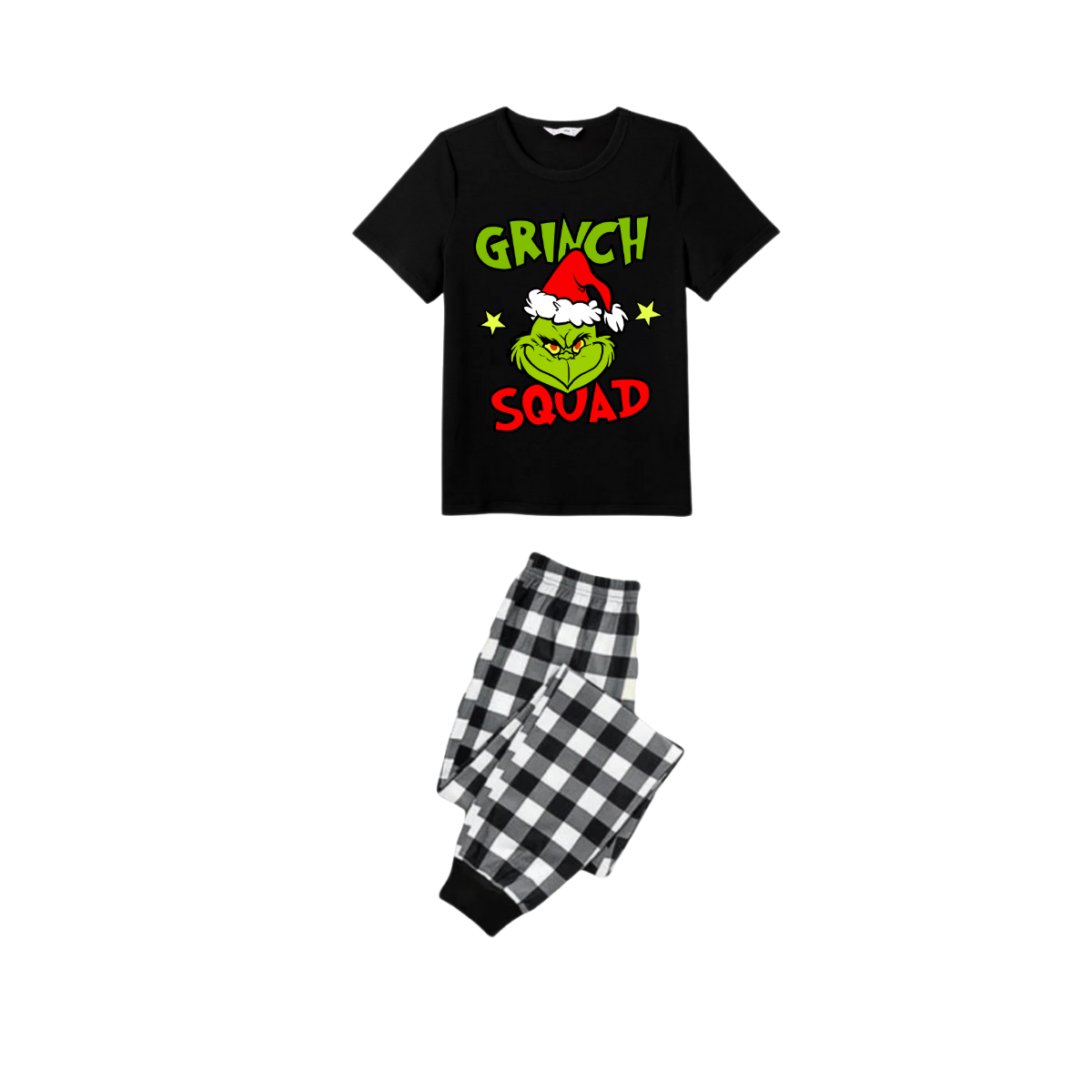 Grinch Squad Family Christmas Pajamas Set - Black Top Black and White Plaid Pants Green Grinch Graphic
