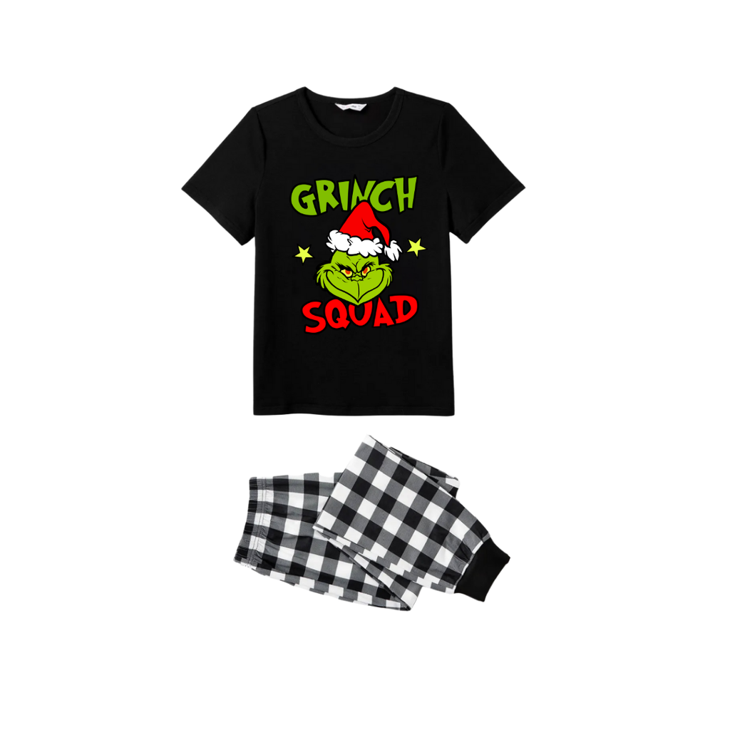 Grinch Squad Family Christmas Pajamas Set - Black Top Black and White Plaid Pants Green Grinch Graphic