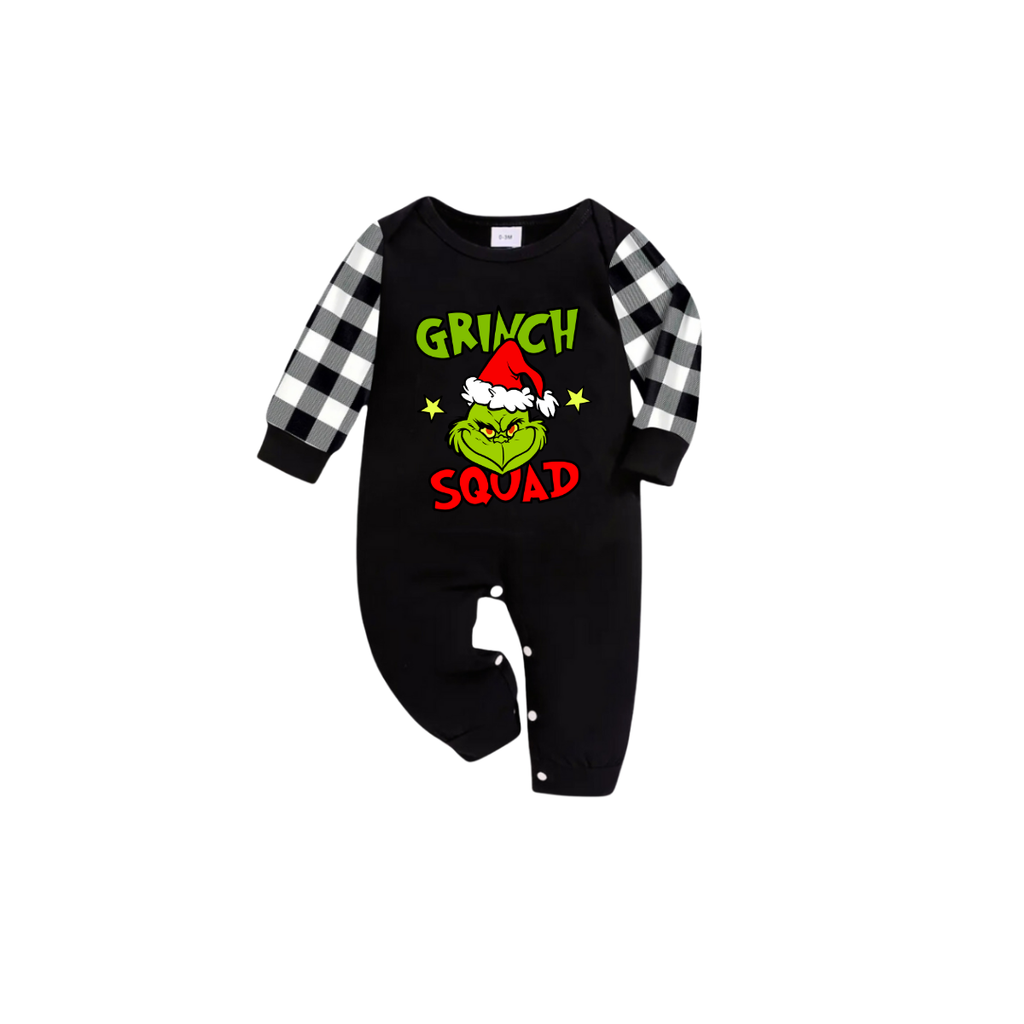 Grinch Squad Family Christmas Pajamas Set - Black Top Black and White Plaid Pants Green Grinch Graphic
