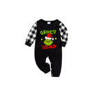 Grinch Squad Family Christmas Pajamas Set - Black Top Black and White Plaid Pants Green Grinch Graphic