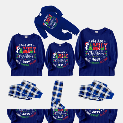 "We are Family 2025 Christmas Make Memories Together" Slogan Print Blue Long Sleeve with Versatile Blue and White Plaid Pants Family Matching Pajamas