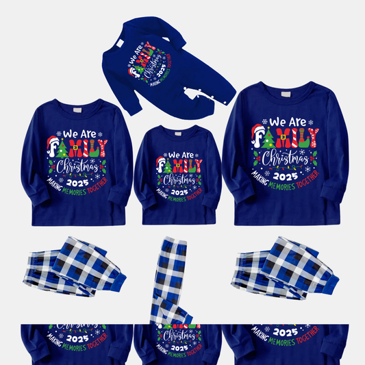 "We are Family 2025 Christmas Make Memories Together" Slogan Print Blue Long Sleeve with Versatile Blue and White Plaid Pants Family Matching Pajamas