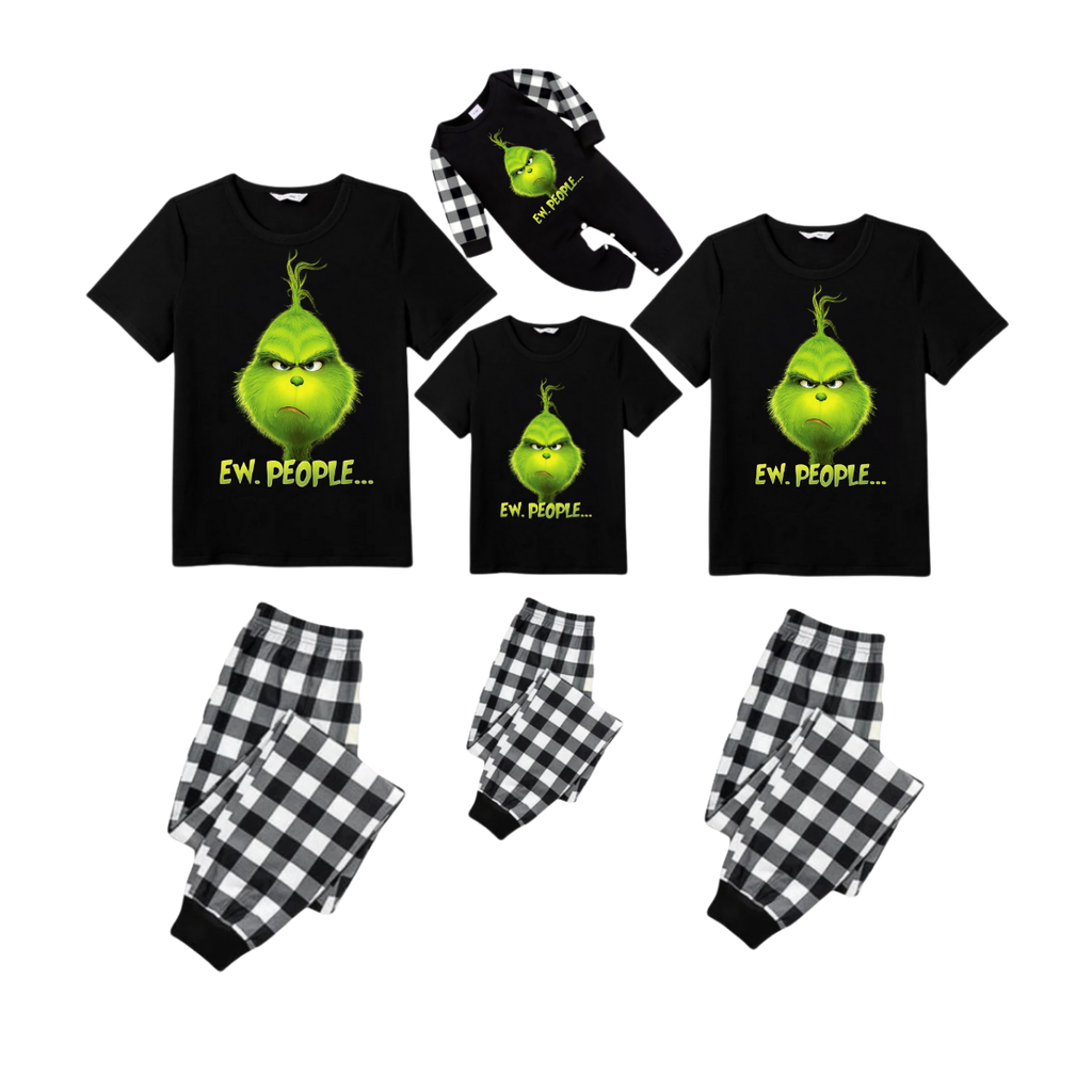 Ew People Grinch Family Christmas Pajamas Set - Black Top Black and White Plaid Pants Green Grinch Face Graphic