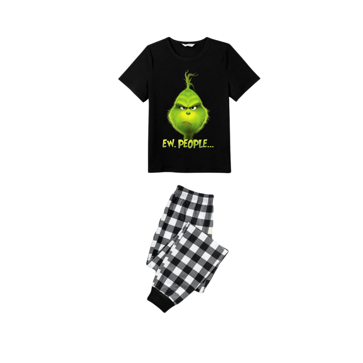 Ew People Grinch Family Christmas Pajamas Set - Black Top Black and White Plaid Pants Green Grinch Face Graphic