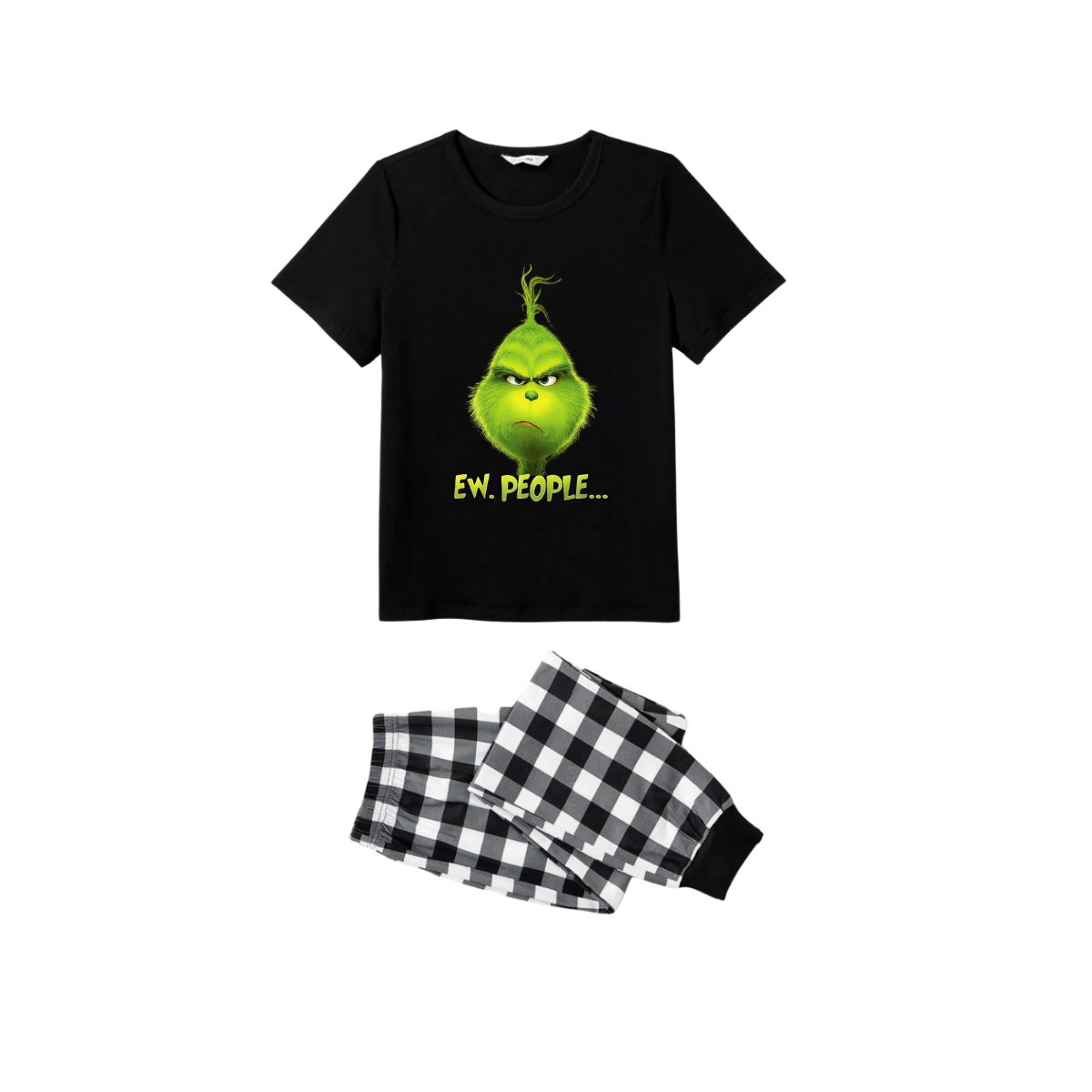 Ew People Grinch Family Christmas Pajamas Set - Black Top Black and White Plaid Pants Green Grinch Face Graphic