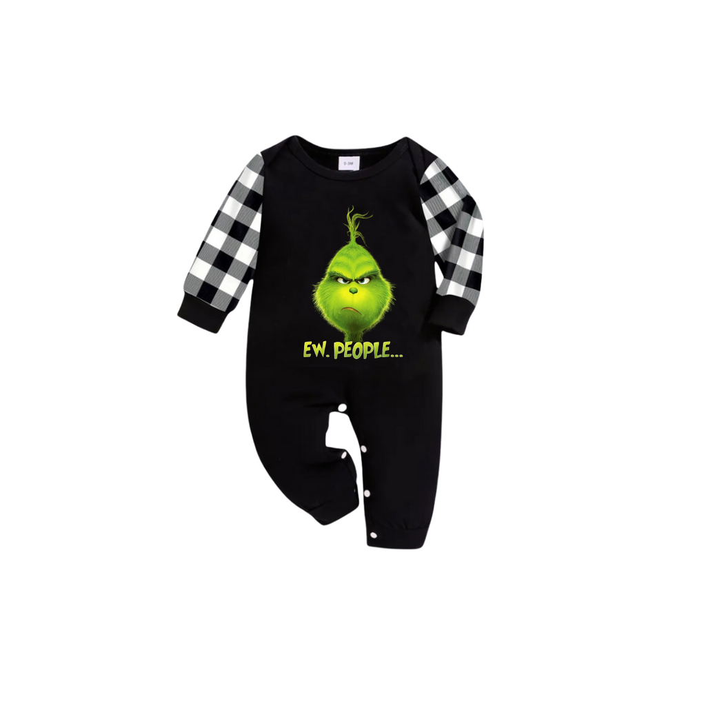 Ew People Grinch Family Christmas Pajamas Set - Black Top Black and White Plaid Pants Green Grinch Face Graphic