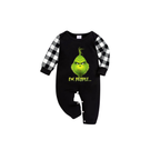 Ew People Grinch Family Christmas Pajamas Set - Black Top Black and White Plaid Pants Green Grinch Face Graphic