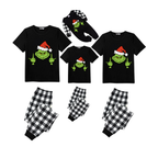 Middle Finger Grinch Family Christmas Pajamas Set - Black Top Black and White Plaid Pants Green Grinch Gesture Graphic
