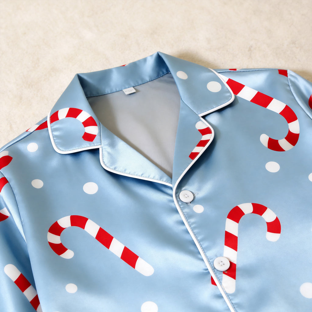 Candy Cane Print Satin Matching Pajamas for Couples – Long Sleeve Button-Down Top & Pants Sleepwear Set