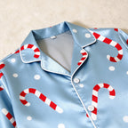 Candy Cane Print Satin Matching Pajamas for Couples – Long Sleeve Button-Down Top & Pants Sleepwear Set