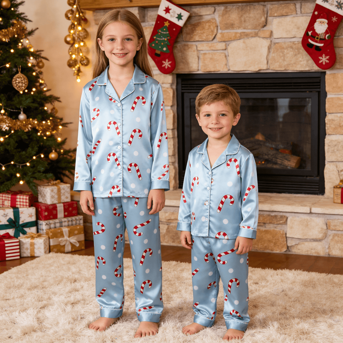 Blue Candy Cane & Polka Dot Satin Button-Up Family Christmas Pajamas Set