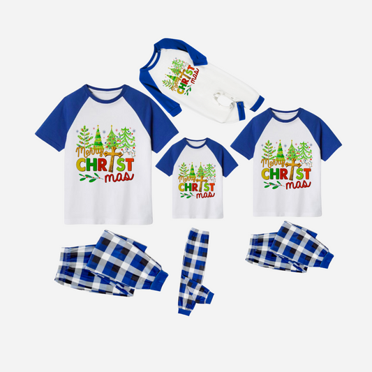 Merry Christmas Trees Family Christmas Pajamas Set - White Top with Blue Sleeves and Blue Plaid Pants