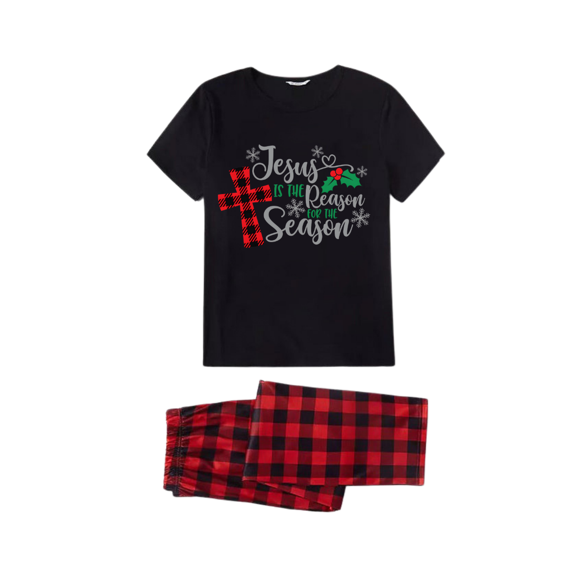 Jesus is the Reason Family Pajamas Set - Black Top Red Pants Red Plaid Sleeves Cross and Snowflake Print