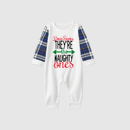 Dear Santa Naughty Ones Family Pajamas Set - White Top, Blue Plaid Pants, Raglan Sleeves