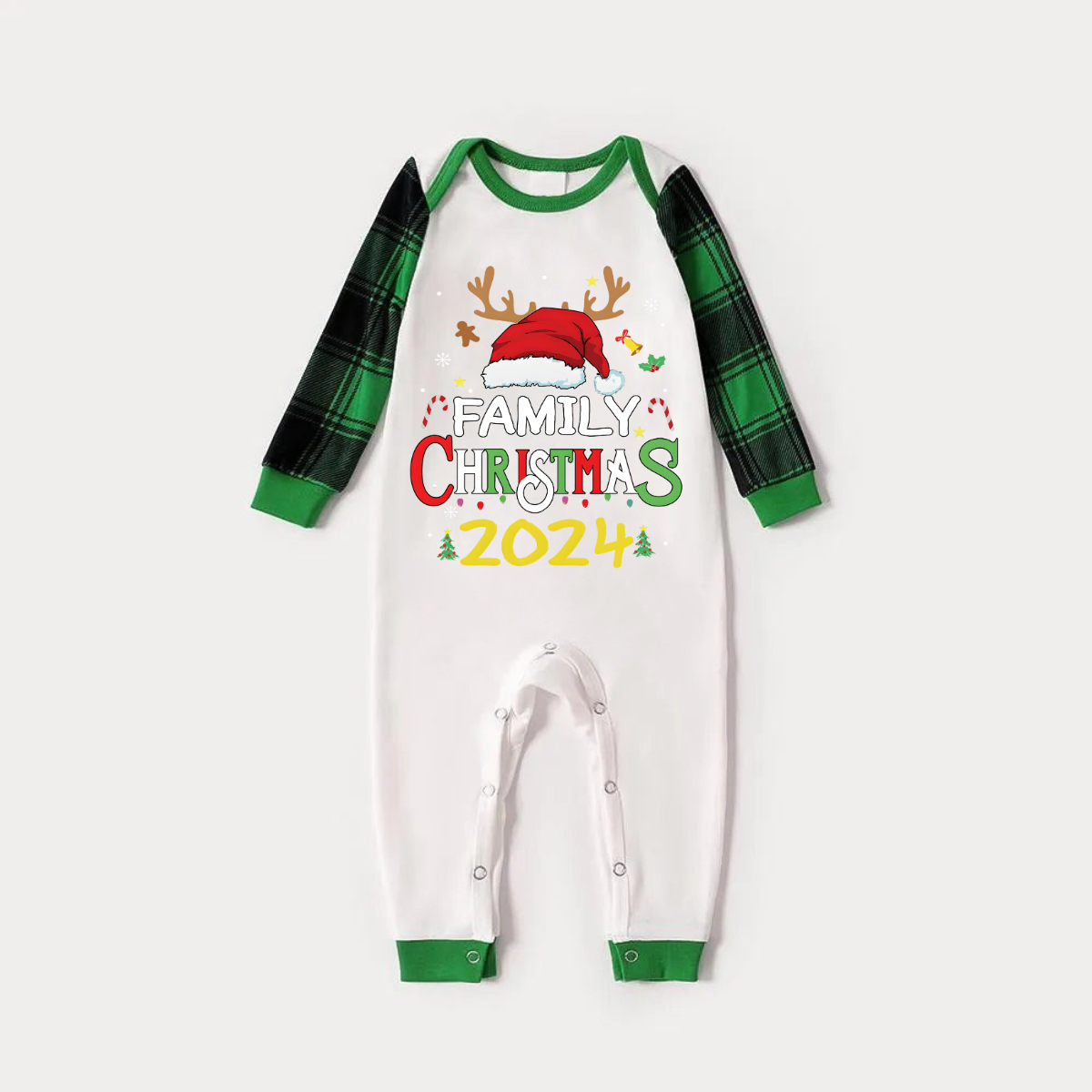 Family Christmas Shirts Santa Hat Christmas Deer Patterned and 'FAMILY CHRISTMAS 2024  ' Letter Print Contrast Tops and Black and Gren Plaid Pants  Family Matching Raglan Long-sleeve Pajamas Sets
