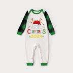Family Christmas Shirts Santa Hat Christmas Deer Patterned and 'FAMILY CHRISTMAS 2024  ' Letter Print Contrast Tops and Black and Gren Plaid Pants  Family Matching Raglan Long-sleeve Pajamas Sets