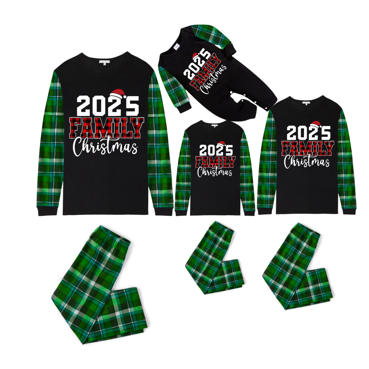 2025 Family Christmas Family Pajamas Set - Black Top, Green Pants, Blue-Green Plaid Sleeves, Letter Print
