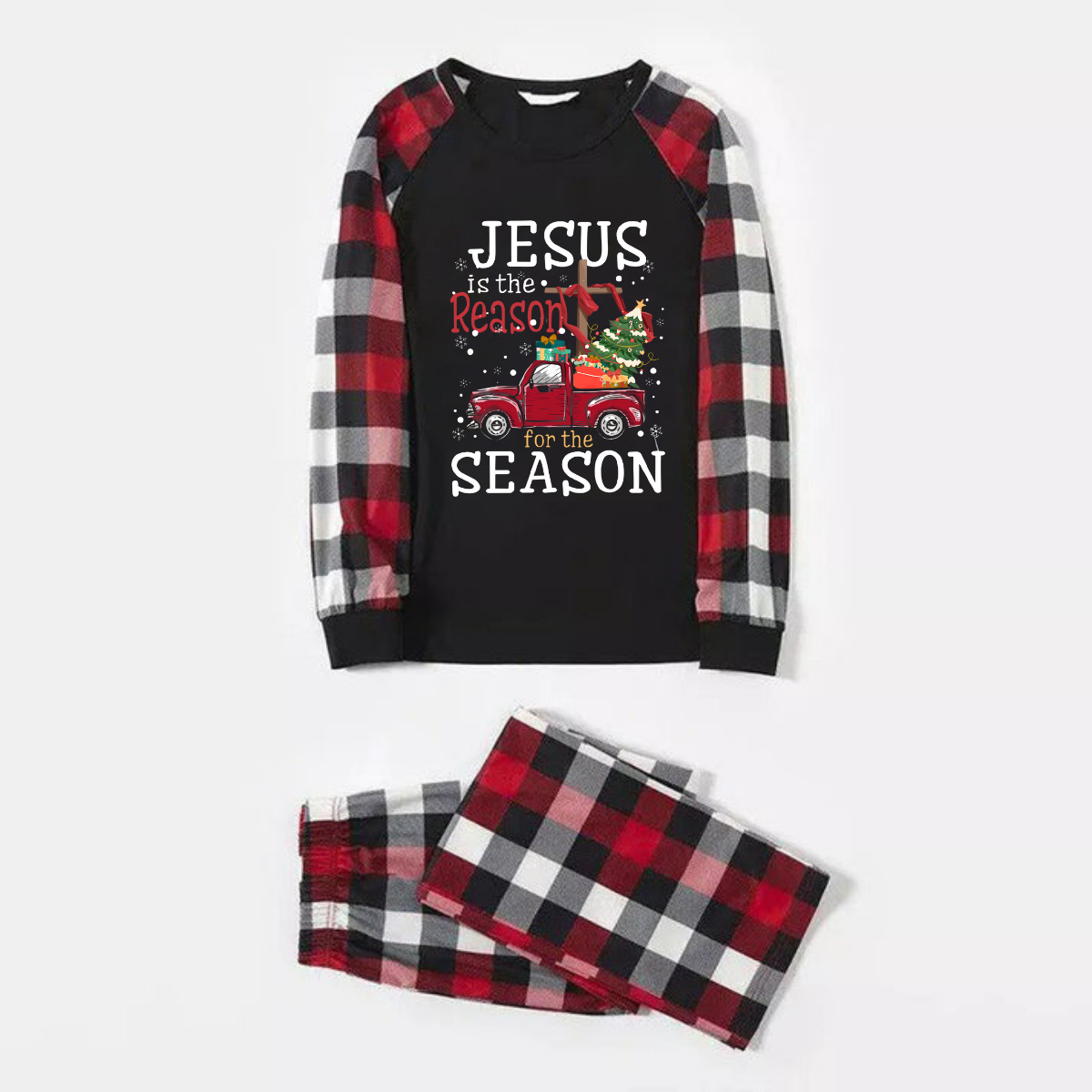 Red and Gray Plaid Christmas Pajamas Set With "Jesus is the Reason for the Season" Text Print