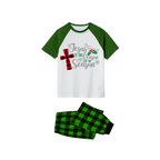Jesus is the Reason Family Christmas Pajamas Set - White Top, Green Plaid Pants, Green Sleeves, Red Plaid Cross and Holly Print