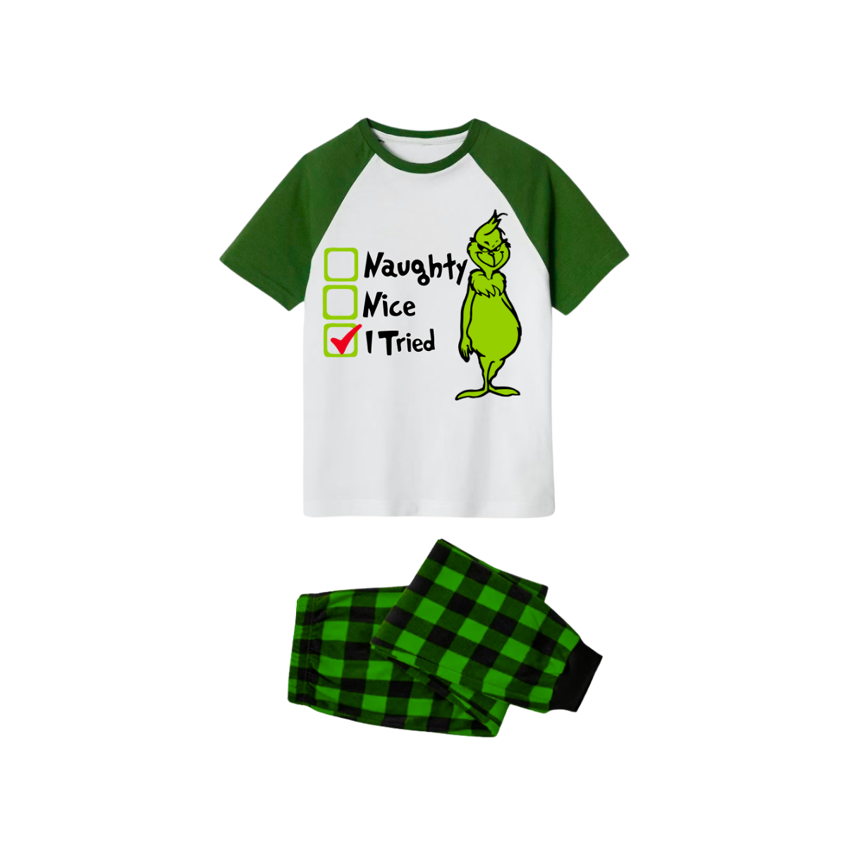 Christmas Grinch Family Pajamas Set - White top Green plaid pants Green raglan sleeves Grinch face with Ew People text