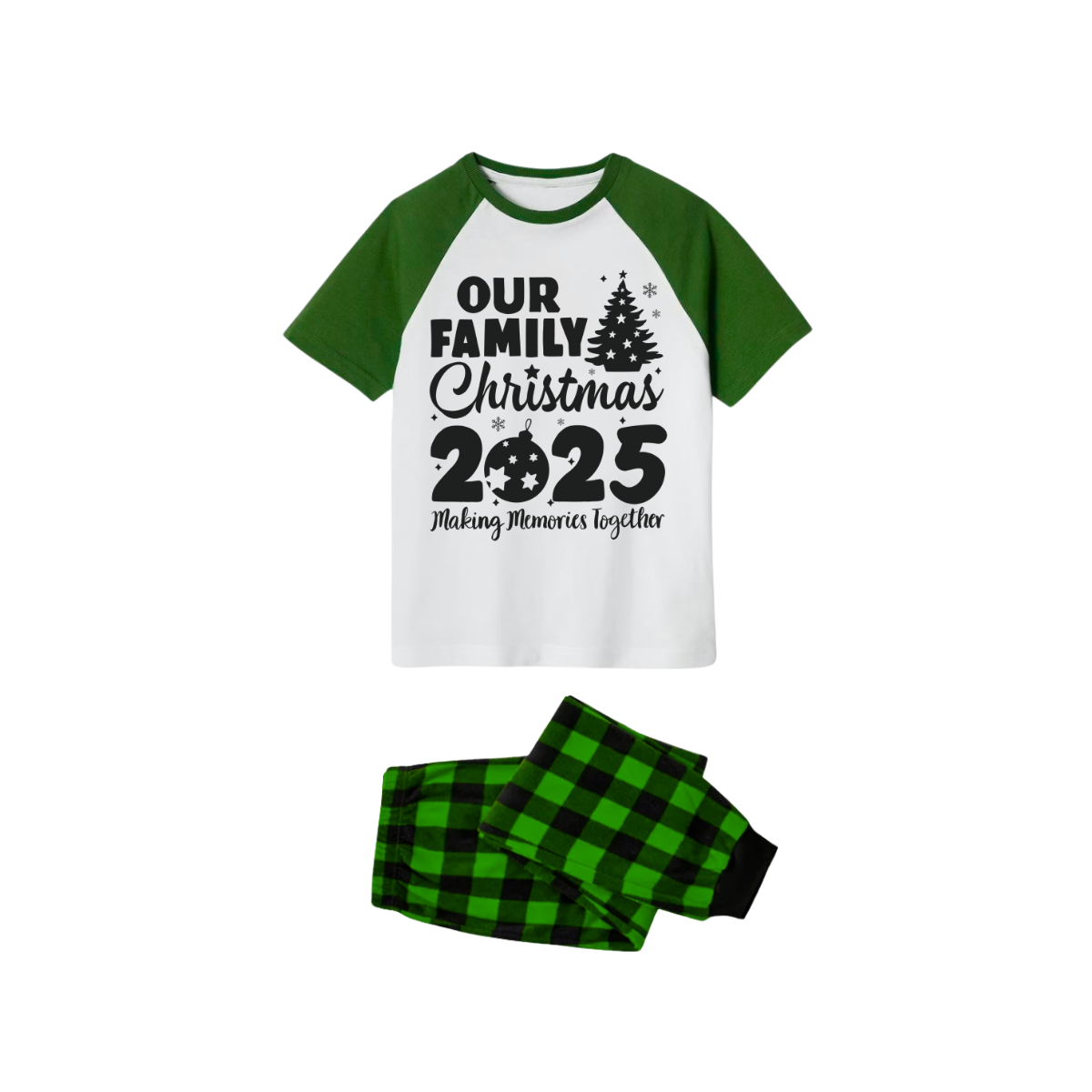 Our Family Christmas 2025 Family Pajamas Set - White Top, Green Plaid Pants, Green Sleeves, Christmas Tree and Ornaments Print