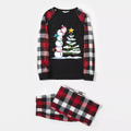 Red and Gray Plaid Christmas Couple Pajamas Set with Snowman & Christmas Tree Print
