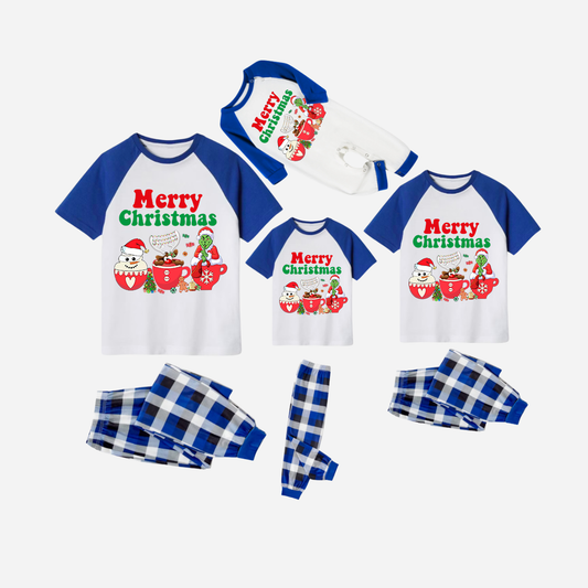 Blue Plaid Short Sleeve Christmas Pajamas Set With "Merry Christmas" and Cartoon Pattern Print