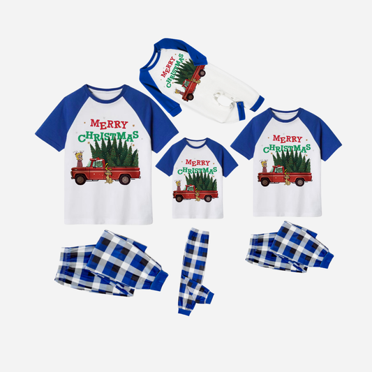 Blue Plaid Short Sleeve Christmas Pajamas Set With "Merry Christmas" and Christmas Tree Print
