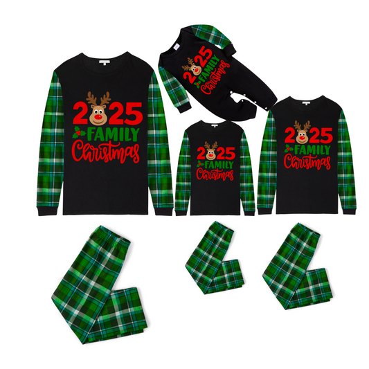 2025 Reindeer Family Christmas Family Pajamas Set - Black Top / Green Plaid Pants / Green Plaid Sleeves