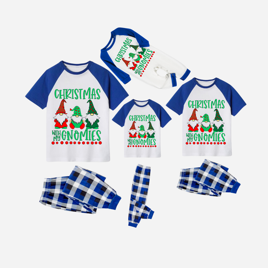 Blue Plaid Short Sleeve Christmas Pajamas Set With "Christmas With My Gnomies" Text Print