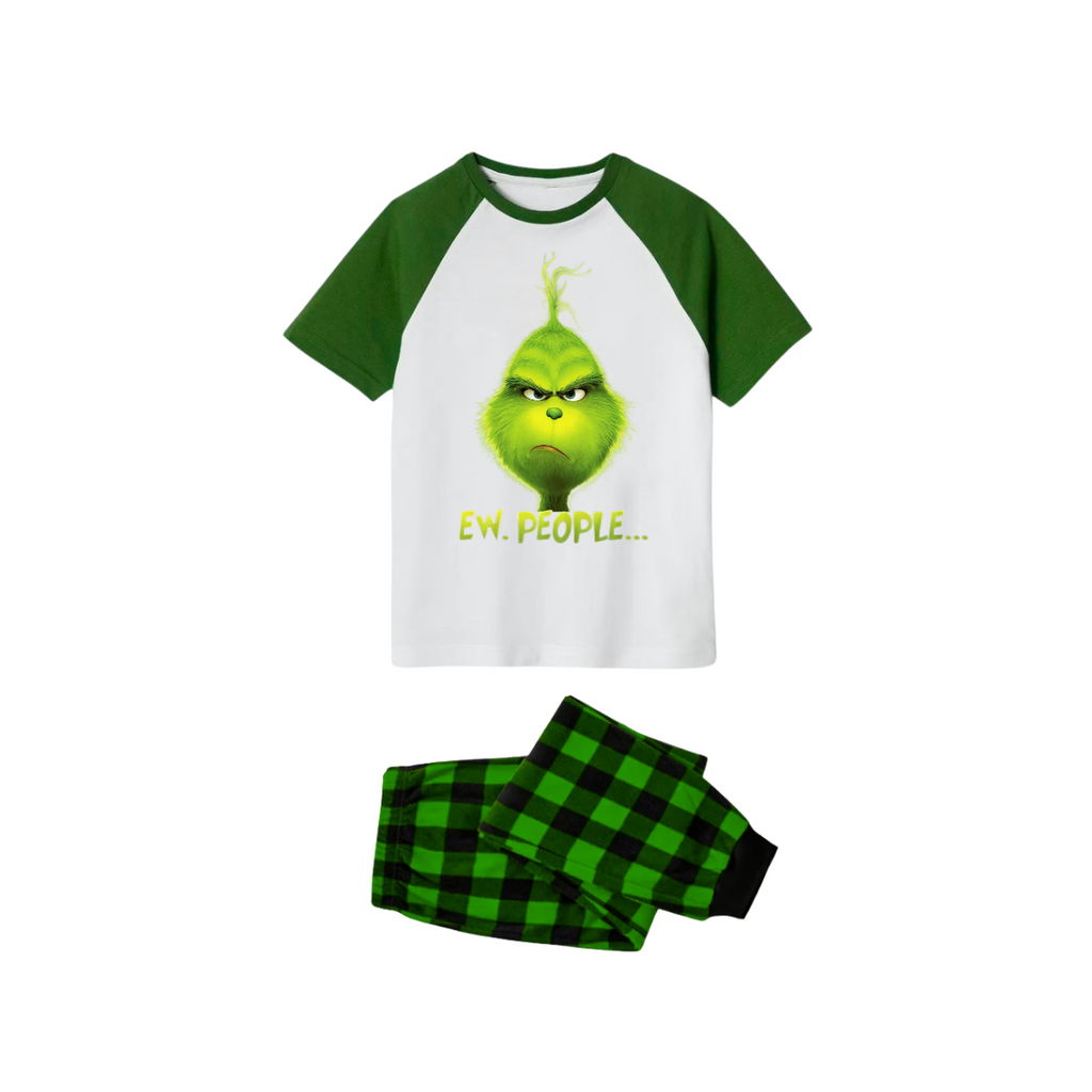 Grinch Ew People Family Pajamas Set - White Top Green Sleeves Green Black Plaid Pants Grinch Face Graphic